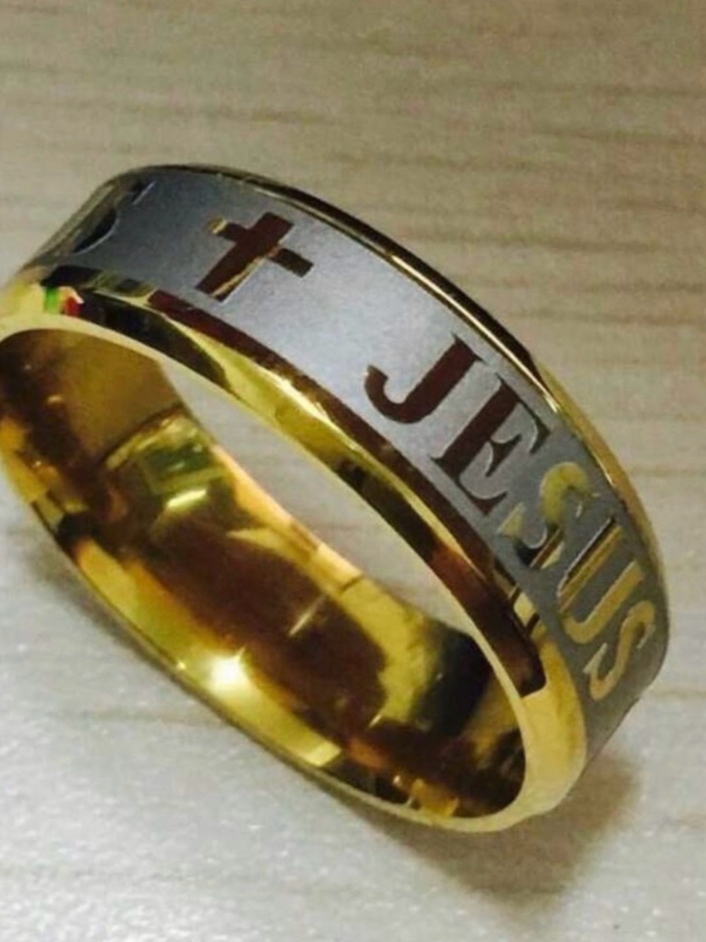Gold and Silver Jesus Cross Stainless Steel Men's Ring Size 12